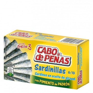 Sardinillas en aceite de girasol con pimiento de padrón "Cabo de Peñas" 6/10 piezas 60gr